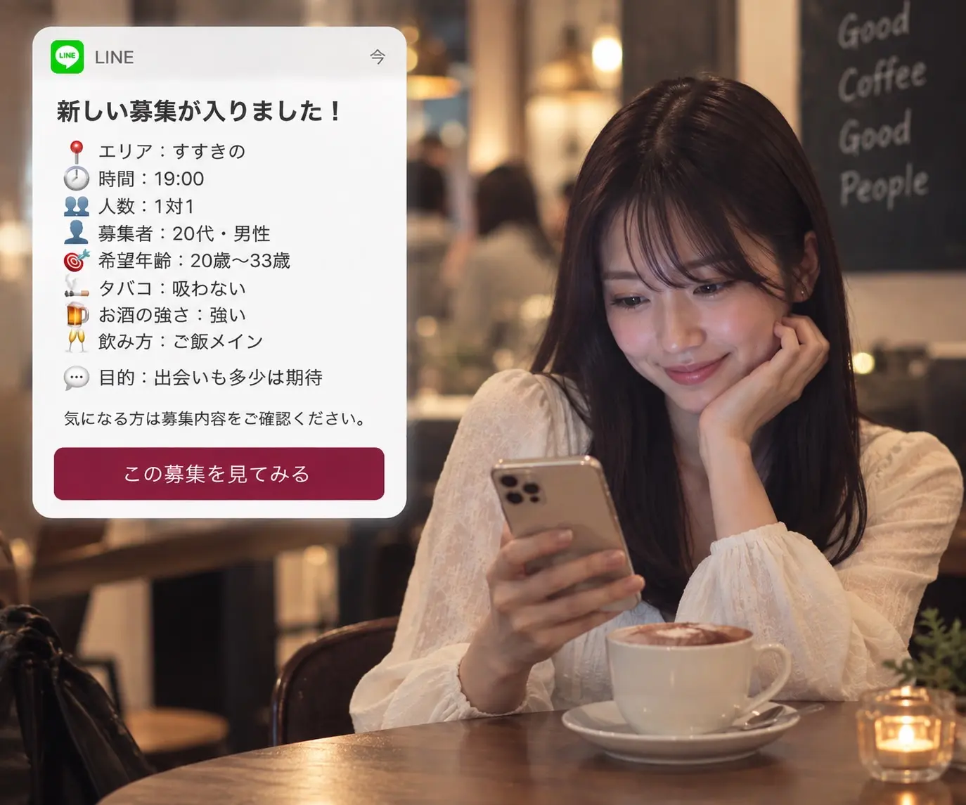 すすきので19時から飲める相手を探す募集通知イメージ